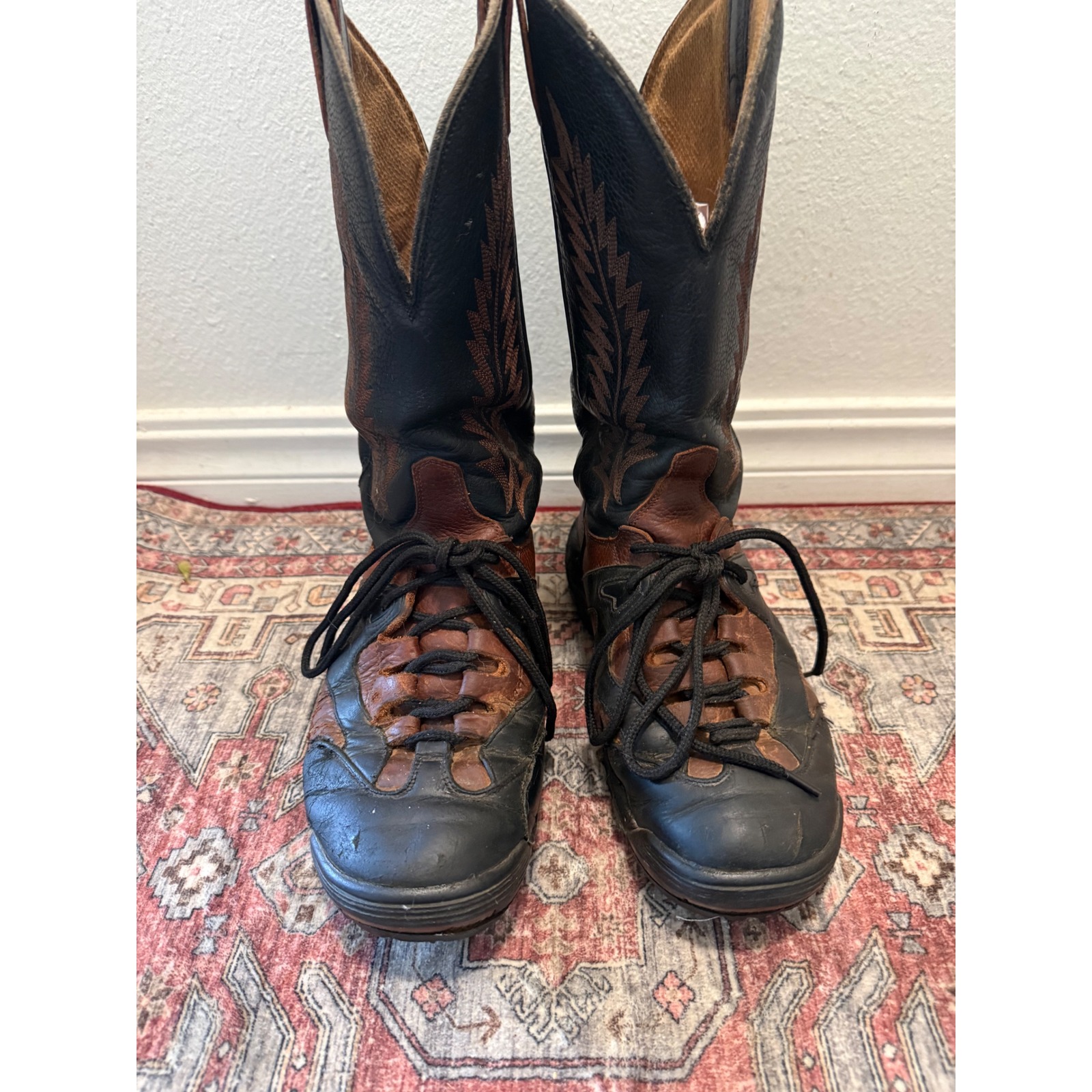 Vintage Tony Lama Mens 8.5d Lace Up Western Hybrid Cowboy Boots Black Brown